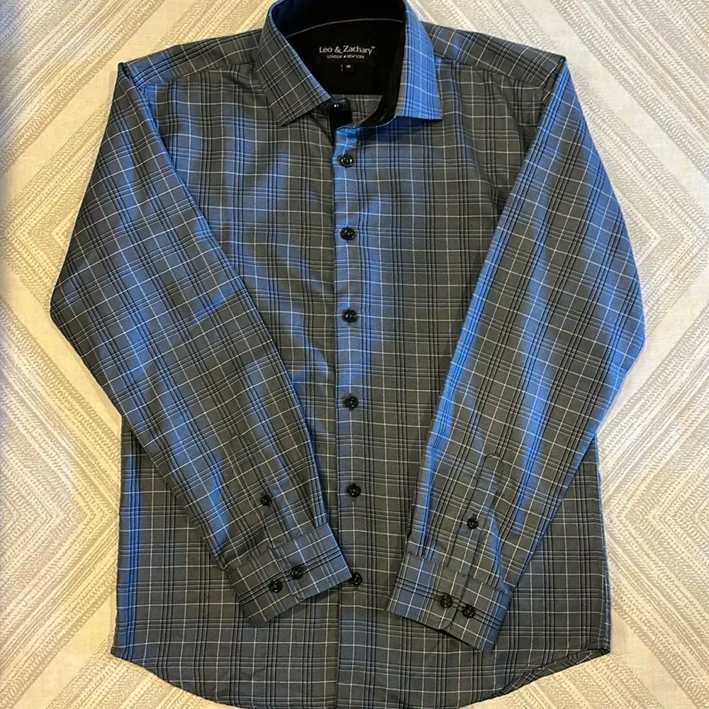 Leo & Zachary Boys Grey & Black Checkered Button Down Shirt